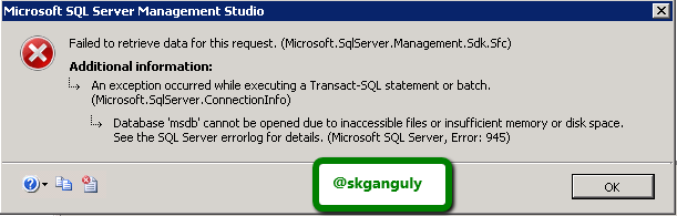 Microsoft sql server 2008 error 945 msdb